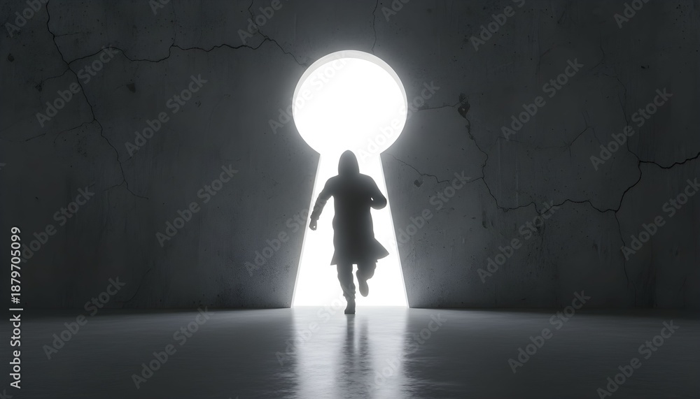 Obraz premium A silhouette of a businessman in a suit standing in a dark doorway shaped like a keyhole looking toward the light as a concept of success and an open exit from the room