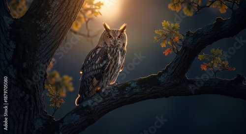 An owl perches on a tree branch with autumn leaves, gazing upwards towards the moonlight shining through the darkness in a serene forest landscape at dusk.
