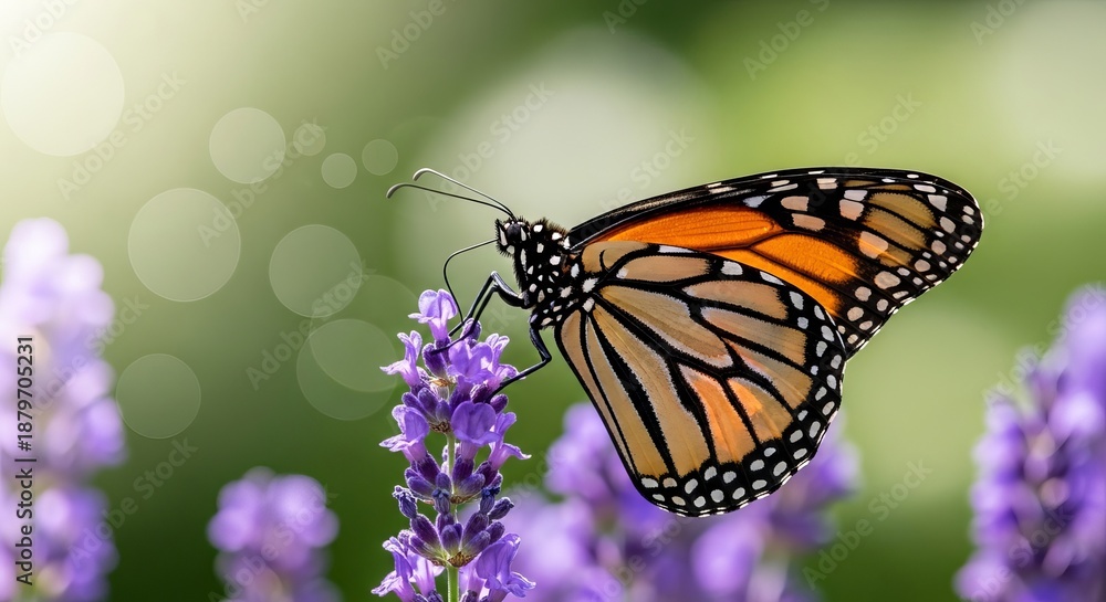 Obraz premium A monarch butterfly feeds on nectar from a purple flower in a lush green garden viewed from a slight angle