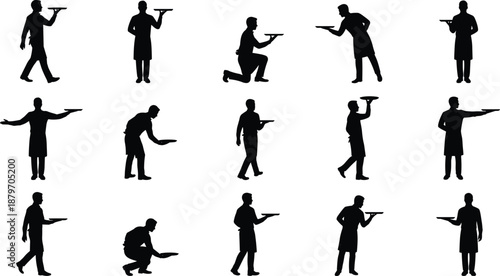 Male waiter silhouette collection showing serving, carrying trays, walking, standing, kneeling, professional restaurant staff poses isolated on white background for hospitality design use