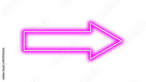 Right pointing pink vector arrow with neon glow effect. Bright luminous glowing arrow sign indicates right direction, modern and futuristic design element.