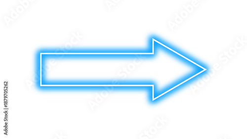 Right pointing blue vector arrow with neon glow effect. Bright luminous glowing arrow sign indicates right direction, modern and futuristic design element.