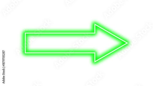 Right pointing green vector arrow with neon glow effect. Bright luminous glowing arrow sign indicates right direction, modern and futuristic design element.