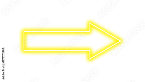 Right pointing yellow vector arrow with neon glow effect. Bright luminous glowing arrow sign indicates right direction, modern and futuristic design element.