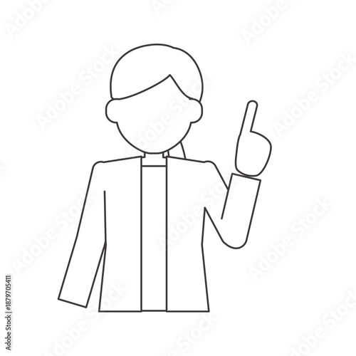 正面で指差しする女性の線画イラスト　説明用の人物素材