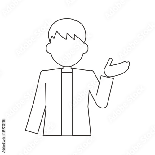 正面で説明する男性の線画イラスト　手のひらを上に向けた案内ポーズ