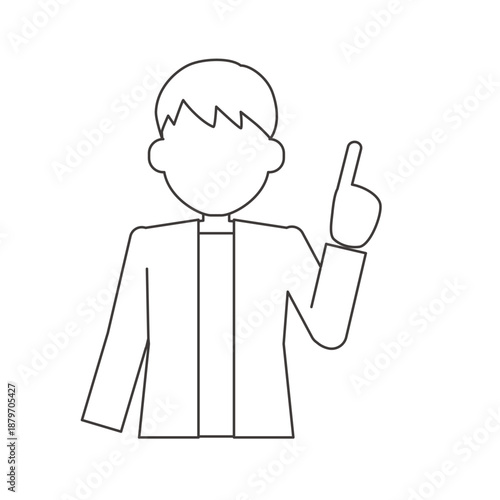 正面で指差しする男性の線画イラスト　説明向け人物素材