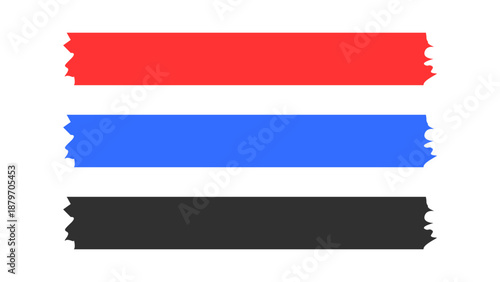 Red, blue, black adhesive torn scotch tape set with ripped edges for text, message, stylish design or mockup. Torn masking tape, sticker tape. Vector illustration.