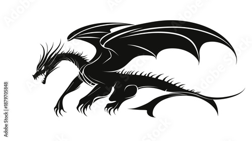 Black Dragon Illustration with Wings Outstretched.