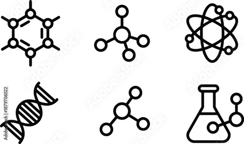 Science and medicine icons set showing molecular structures and research tools