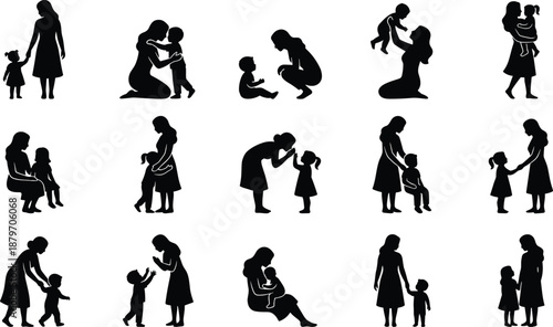 Mother and child silhouette collection showing parenting moments, hugging, playing, caring, holding hands, family love scenes isolated on white background for motherhood and childhood concepts