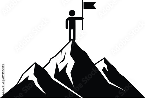 Stick figure businessman standing triumphantly on a mountain peak, holding a flag business success and achievement vector icon illustration. 