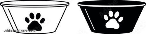 Vector illustration set of two minimalist pet bowls featuring a paw print icon in outline and solid silhouette styles