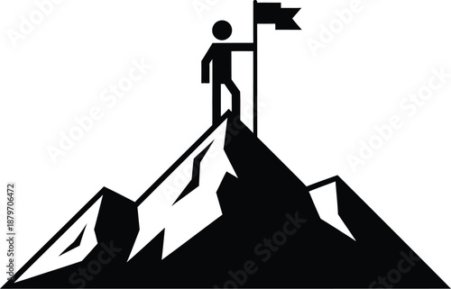 Stick figure businessman standing triumphantly on a mountain peak, holding a flag business success and achievement vector icon illustration. 