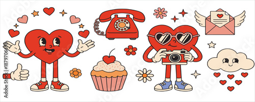Retro cartoon Valentine's Day sticker set: Heart mascot with camera, rotary phone, and cupcake