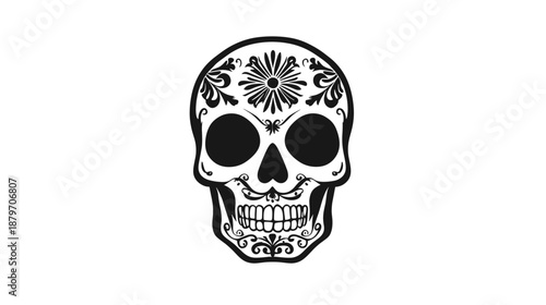 Decorative Sugar Skull Illustration Black White.