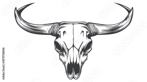 Detailed Illustration of Bull Skull with Horns.