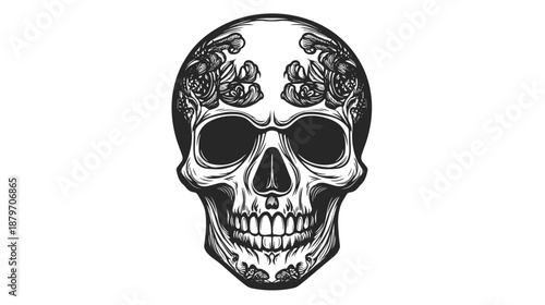 Detailed Illustration of Human Skull with Flowers.