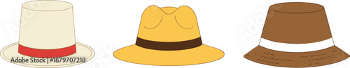 Vector illustration set of three stylish hats featuring a white top hat yellow fedora and a brown bucket hat