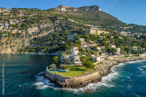 Aerial view of the French Riviera coastline between Nice and Monaco, France