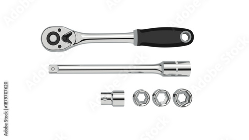 A professional chrome ratchet wrench with various interchangeable sockets and an extension bar, essential tools for mechanical work and repairs.