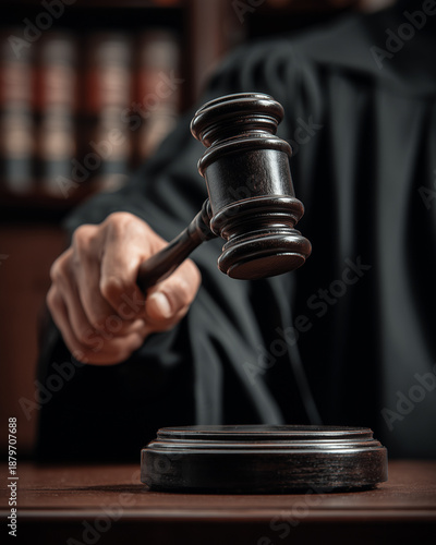 Judge Holding Wooden Gavel Above Sound Block in Courtroom Close Up