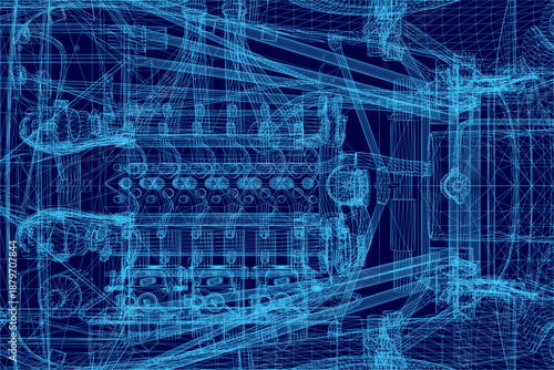A detailed sports car engine blueprint on a blue background highlights intricate mechanical components and wireframe connections. The design emphasizes technical precision and automotive engineering.