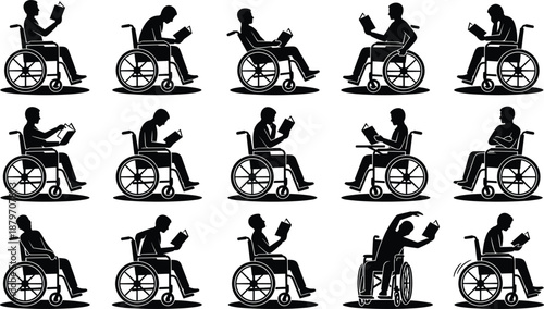 Wheelchair user silhouette collection showing people reading books in different seated poses symbolizing education accessibility independence inclusive learning lifestyle isolated on white background