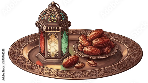 An ornate lantern with colorful stained glass and a plate of dates on a decorative tray viewed from above