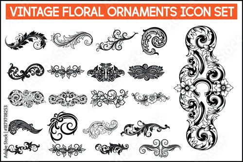 
Vintage Floral Ornaments Icon Set