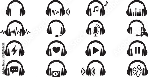 Collection of flat design headphone icons representing audio, music, sound, and technology for digital media