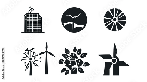 Renewable Energy Icons Set Black Silhouettes.