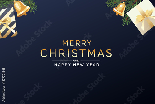 Festive christmas background with bells gift and holiday greetings in white text