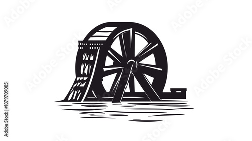 Traditional Waterwheel Illustration with Wooden Structure.
