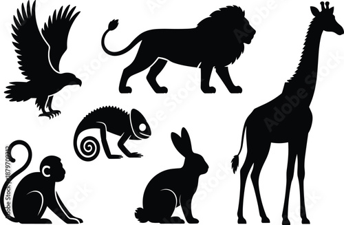 Wild animal silhouette vector illustration set featuring eagle, lion, giraffe, monkey, rabbit, and chameleon in bold black wildlife design