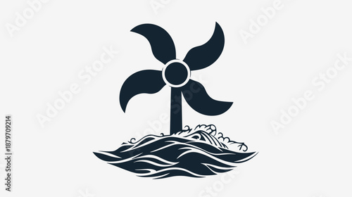 Wind Turbine Icon on Water Waves.