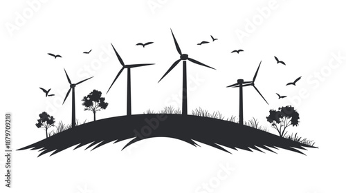 Wind Turbines on Hill with Birds.