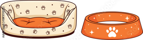 Vector illustration set of pet comfort items featuring a patterned cream and orange bed and a sparkling bowl