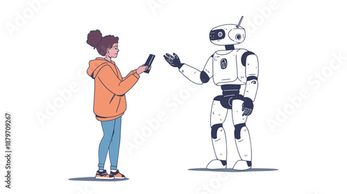 Woman Interacting with Humanoid Robot Illustration.
