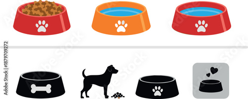 Vector illustration set of pet feeding icons featuring colored food and water bowls silhouettes and dog feeding graphics