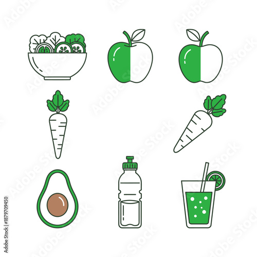 Healthy Food and Drinks Icons Set.