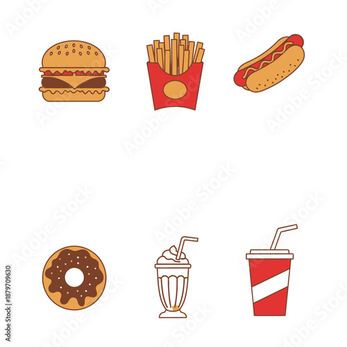 Fast Food Icons Including Burger Fries Hotdog.