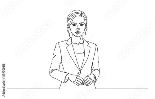 Strong businesswoman showing biceps muscle one continuous line drawing.