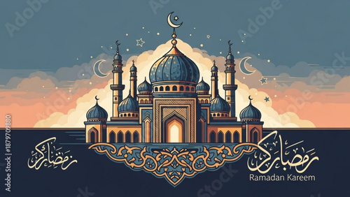 Ramadan Kareem mosque illustration Islamic cultural celebration traditional Arabic calligraphy and crescent moon festive night sky background