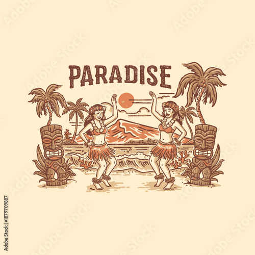 Vintage Tropical Hawaii Poster with Dancing Hula Girls