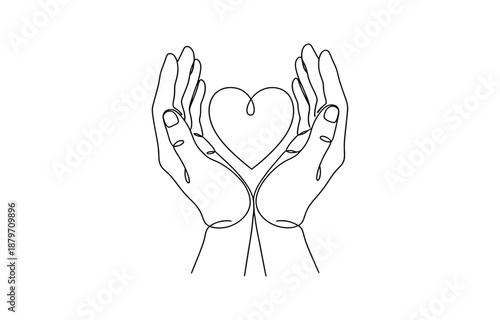Hands holding heart continuous one line art drawing.