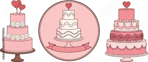 Vector illustration set of pink and white tiered celebration cakes featuring floral decorations heart toppers and rose details .