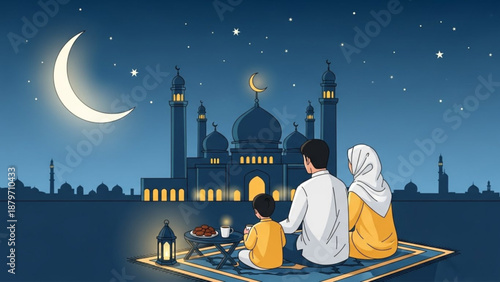 Muslim family watching crescent moon over mosque at night Ramadan celebration concept peaceful evening scene with starry sky