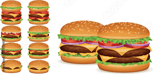 Vector illustration set of premium gourmet cheeseburgers featuring double patties red onion tomato lettuce and various menu options .