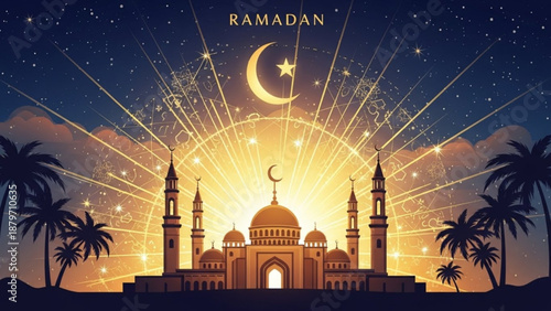Ramadan mosque at sunset with crescent moon and stars glowing lights and palm trees Islamic celebration and spiritual concept